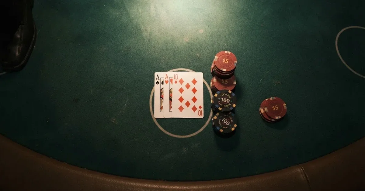 A close-up of a blackjack table felt with cards and chips laid out, no dealer or players visible.