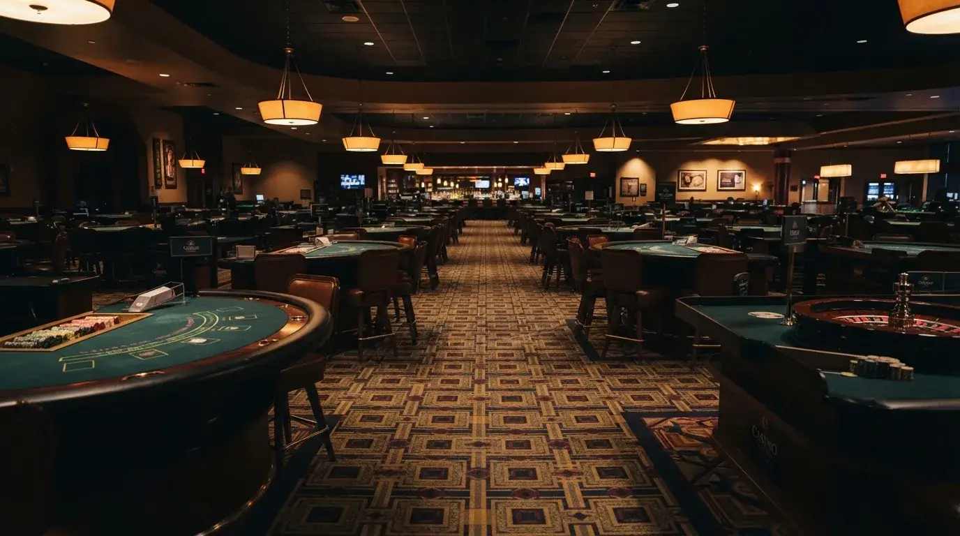 The interior of a licensed Australian casino table-games floor, rows of empty felt tables under low lighting.