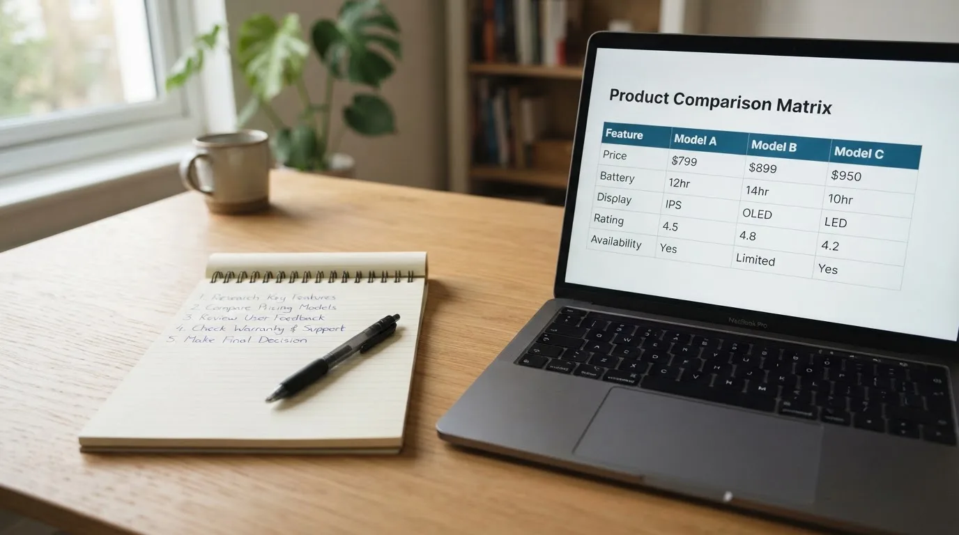 A notepad with a handwritten numbered list sits next to an open laptop showing a comparison table.
