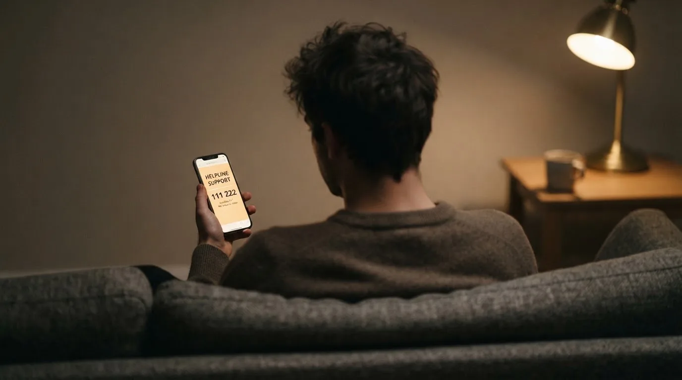 A person looks at a support-helpline page on a phone while sitting alone on a sofa.
